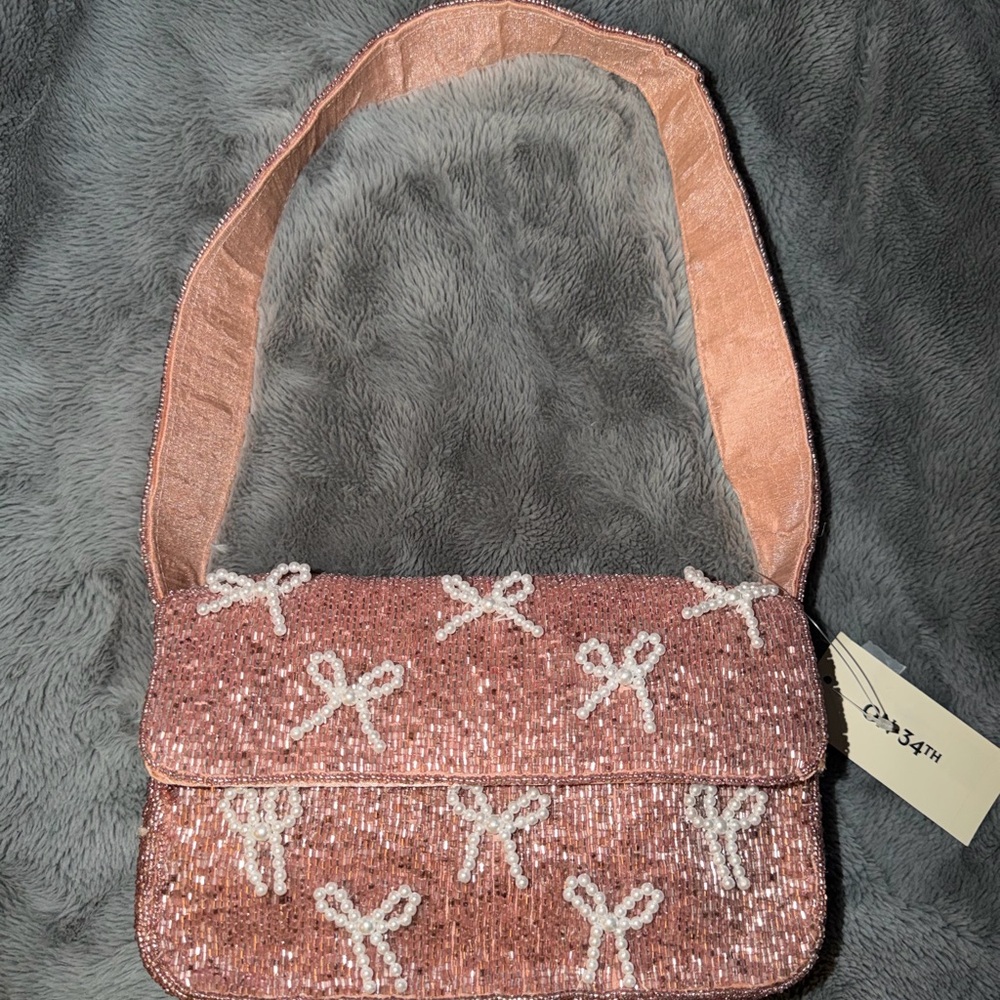 Beaded Bow-Accent Shoulder Bag in Dusty Rose